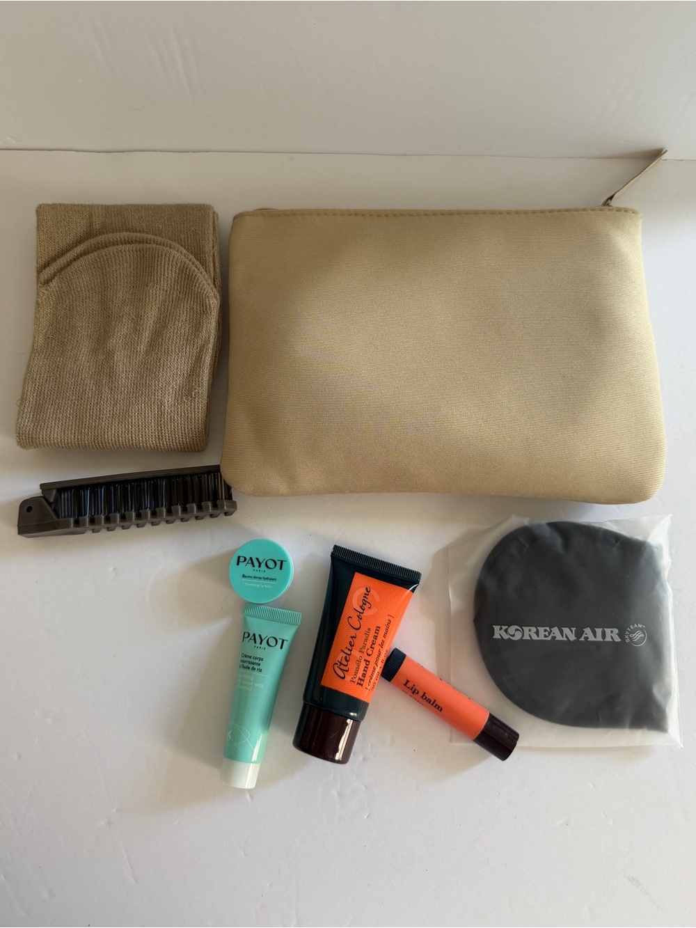 Korean Air Travel Amenity Kit with Beige Pouch & Skincare